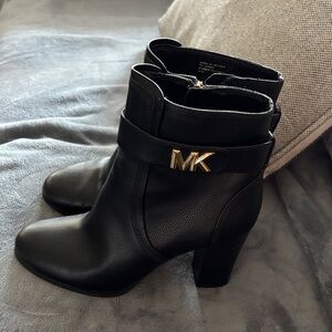Michael Kors Black Leather Ankle Booties with Gold MK Emblem